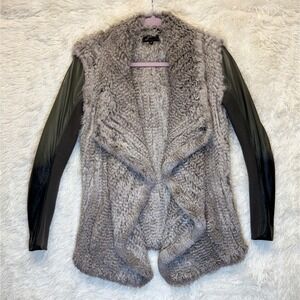 June Genuine Rabbit Fur Leather Moto Jacket Gray Ombre Sleeve Women's Small